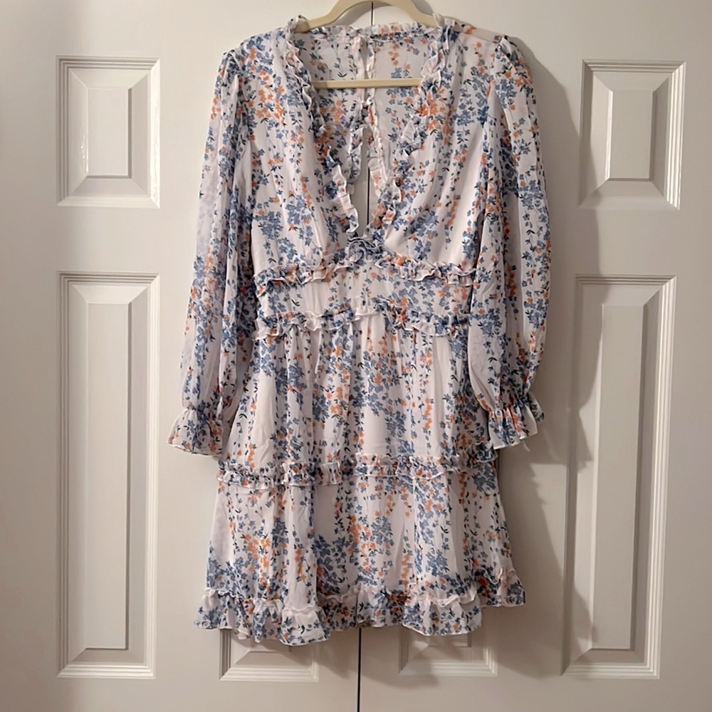 Blue and orange floral print dress